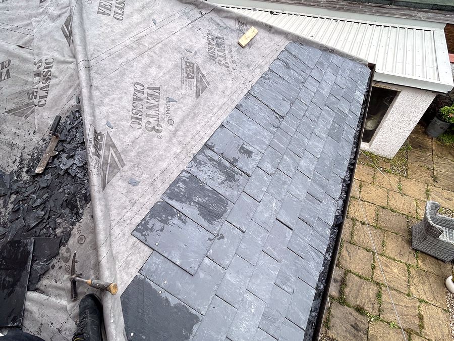 Finished slate roof, close up of the new slate courses