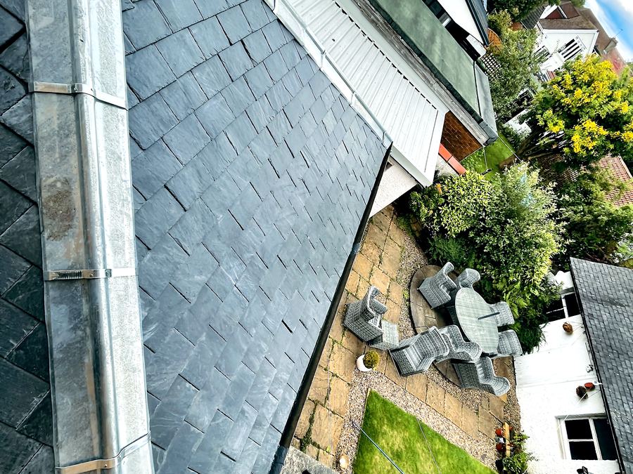 Aerial view of new guttering along a roofline